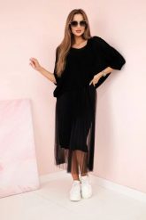 Sukienka plisowana z ażurowym sweterkiem czarna. Czarne sukienki damskie KESI, w ażurowe wzory, z elastanu, eleganckie, bez ramiączek. Za 330.40 zł.
