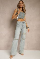Jasnoniebieskie Jeansy High Waist o Szerokim Kroju z Przetarciami Zeleldi. Niebieskie jeansy damskie Renee, bez wzorów, z jeansu. Za 119.99 zł.