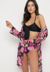 Czarno-Różowe Bikini Wiązany Biustonosz i Majtki Figi z Dodatkową Narzutką z Siateczki Zareliah. Czarne bikini Born2be, z aplikacjami. Za 84.99 zł.
