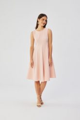 Pudrowa Midi Sukienka Rozkloszowana bez Rękawów. Brązowe sukienki damskie MOE, bez wzorów, z elastanu, bez ramiączek. Za 345.90 zł.
