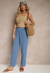 Niebieskie Spodnie z Bawełną o Szerokim Kroju High Waist Fanelithia. Niebieskie spodnie materiałowe damskie Renee, bez wzorów, z bawełny. Za 39.99 zł.