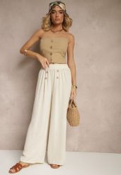 Jasnobeżowe Spodnie z Bawełną o Szerokim Kroju High Waist Ozdobione Guzikami Morritia. Brązowe spodnie materiałowe damskie Renee, bez wzorów, z bawełny. Za 39.99 zł.