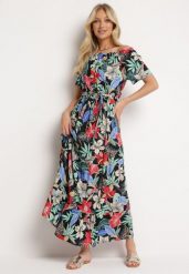 Czarno-Zielona Sukienka z Wiskozy w Kwiaty Rozkloszowana Wiązana w Talii Quilbia. Czarne sukienki damskie Born2be, bez wzorów, z materiału, bez ramiączek. Za 79.99 zł.