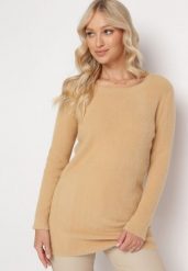Beżowy Sweter z Puchatej Dzianiny Valen. Brązowe swetry klasyczne damskie Born2be, na zimę, m, z dzianiny, bez kołnierzyka. Za 84.99 zł.