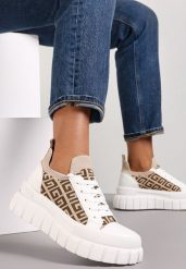 Biało-Beżowe Sneakersy na Tłoczonej Platformie z Geometrycznym Wzorem Votah. Białe obuwie sportowe damskie Renee, z gumy, bez zapięcia. Za 89.99 zł.