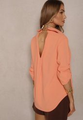 Pomarańczowa Koszula Ozdobiona Podwijanymi Rękawami Doviraella. Brązowe koszule damskie Renee, l, bez wzorów, z jeansu, eleganckie, bez kołnierzyka, bez ramiączek. Za 59.99 zł.