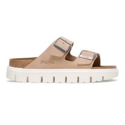 BIRKENSTOCK Arizona Chunky LEVE Warm Sand Klapki damskie. Brązowe klapki damskie Birkenstock, bez wzorów, z materiału, bez obcasa, na platformie, bez zapięcia. Za 499.99 zł.