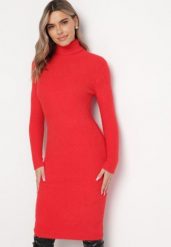 Czerwona Sweterkowa Puchata Sukienka Midi z Wełny z Golfem Sebhat. Czerwone sukienki damskie Born2be, bez wzorów, z wełny, bez ramiączek. Za 69.99 zł.