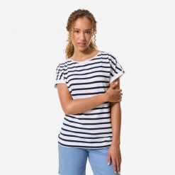 Koszulka marynarska żeglarska damska Decathlon Sailing 100 krótki rękaw. Białe bluzki damskie TRIBORD, s, bez wzorów, z bawełny, sportowe, bez kołnierzyka, bez ramiączek. Za 69.99 zł.