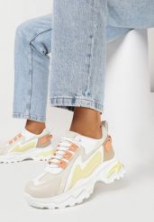 Biało-Żółte Sneakersy na Grubej Podeszwie ze Wstawkami z Animal Print Virala. Białe obuwie sportowe damskie Born2be, bez zapięcia. Za 59.99 zł.