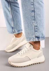Beżowe Sneakersy na Płaskiej Podeszwie Ozdobione Geometrycznym Wzorem Erimaraes. Brązowe obuwie sportowe damskie Renee, na wiosnę, z jeansu, bez zapięcia. Za 99.99 zł.