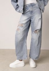 Niebieskie Jeansy z Bawełny z Wiskozą o Kroju Ballloon z Wysokim Stanem i Dziurami Mon. Niebieskie jeansy damskie Born2be, bez wzorów, z bawełny. Za 109.99 zł.