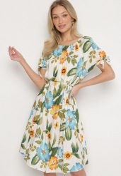 Biała Bawełniana Sukienka w Kwiatowy Wzór z Wiązaniem w Talii i na Rękawach Tosmira. Białe sukienki damskie Born2be, bez wzorów, z bawełny, eleganckie, bez ramiączek. Za 89.99 zł.