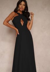 Czarna Koktajlowa Sukienka z Wiskozą i Dekoltem Halter Dolmanna. Czarne sukienki damskie Renee, bez wzorów, z wiskozy, eleganckie, bez ramiączek. Za 89.99 zł.