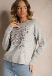 Jasnoszary Sweter z Kolorowym Haftem z Przodu Inavessa. Szare swetry klasyczne damskie Renee, na zimę, bez kołnierzyka. Za 149.99 zł.