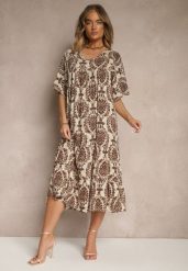 Brązowa Sukienka z Bawełną i Abstrakcyjnym Motywem Filarella. Brązowe sukienki damskie Renee, bez wzorów, z bawełny, eleganckie, bez ramiączek. W wyprzedaży za 47.99 zł.