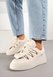 Beżowe Sneakersy na Platformie z Ozdobnym Szerokim Językiem Zarinea. Brązowe obuwie sportowe damskie Born2be, z jeansu, bez zapięcia. Za 89.99 zł.