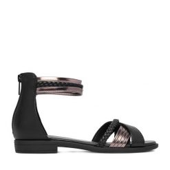 Sandały JENNY. Czarne sandały damskie Jenny, bez wzorów, bez obcasa, na płaskiej podeszwie, bez zapięcia. Za 99.99 zł.