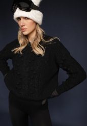 Czarny Grubo Pleciony Sweter z Wełną i Bawełną Bavime. Czarne swetry klasyczne damskie Renee, l, z bawełny, bez kołnierzyka. Za 84.99 zł.
