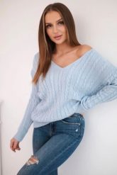 Sweter pleciony z dekoltem V błękitny. Niebieskie swetry klasyczne damskie KESI, l, z wełny, bez kołnierzyka, plus size. Za 158.92 zł.