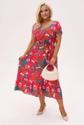 Asymetryczna sukienka Kiara MIDI z wiązaniem i falbanką - Sunset Tropic PLUS SIZE XXL OVERSIZE. Czerwone sukienki damskie Moda Size Plus Iwanek, bez wzorów, z materiału, eleganckie, bez ramiączek. W wyprzedaży za 263.90 zł.