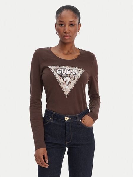 Guess Bluzka W6RI33 J1314 Brązowy Regular Fit. Brązowe bluzki damskie Guess, s, z aplikacjami, z bawełny, bez kołnierzyka, bez ramiączek. Za 150.99 zł.