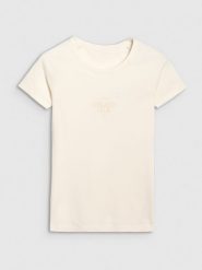 4F T-shirt slim z nadrukiem damski - biały S. Białe koszulki sportowe damskie 4F, s, bez wzorów, z bawełny, bez ramiączek. Za 59.99 zł.