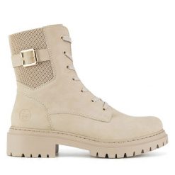 Botki Rieker. Brązowe botki damskie Rieker, bez obcasa, na płaskiej podeszwie, bez zapięcia. Za 389.99 zł.