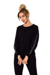 Dresowa Bluza z Lampasami - Czarna. Czarne bluzy damskie MOE, l, bez wzorów, z bawełny, bez kaptura. Za 217.39 zł.