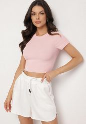 Jasnoróżowy T-shirt z Prążkowanego Materiału o Krótkim Kroju Telunna. Czerwone t-shirty damskie Born2be, l, bez wzorów, z jeansu, bez kołnierzyka. Za 29.99 zł.