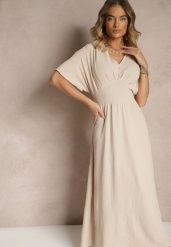 Jasnobeżowa Sukienka o Rozkloszowanym Kroju z Gumką w Talii Iffine. Brązowe sukienki damskie Renee, bez wzorów, eleganckie, bez ramiączek. W wyprzedaży za 55.99 zł.