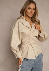 Beżowa Bawełniana Koszula Asymetrycznie Zapinana Zdobiona Wiązaniem w Talii Sanilsa. Brązowe koszule damskie Renee, z aplikacjami, z bawełny, eleganckie, z asymetrycznym kołnierzem, bez ramiączek. Za 89.99 zł.