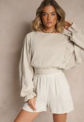 Beżowe Basicowe Szorty z Bawełny High Waist Naldelle. Brązowe szorty damskie Renee, bez wzorów, z bawełny, z podwyższonym stanem. Za 49.99 zł.