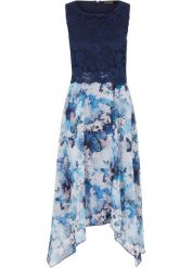 Sukienka szyfonowa z koronką. Niebieskie sukienki damskie bonprix, bez wzorów, z koronki, eleganckie, bez ramiączek. Za 279.99 zł.