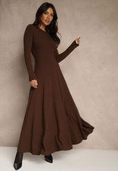 Brązowa Rozkloszowana Sukienka z Bawełny Tusmala. Brązowe sukienki damskie Renee, bez wzorów, z bawełny, eleganckie, bez ramiączek. Za 159.99 zł.