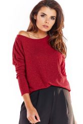 Bordowy Dzianinowy Sweter w Łódkę o Kroju Oversize. Czerwone swetry klasyczne damskie Awama, l, z dzianiny, bez kołnierzyka. Za 169.90 zł.