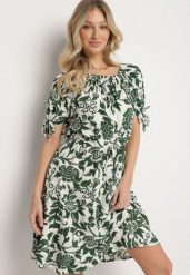Zielona Bawełniana Sukienka w Ornamentalne Rośliny z Wiązaniem Przy Rękawach Tosvena. Zielone sukienki damskie Born2be, bez wzorów, z bawełny, eleganckie, bez ramiączek. Za 89.99 zł.