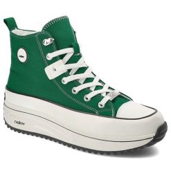 Zielone Sneakersy Rieker Modne Obuwie Damskie. Zielone obuwie sportowe damskie Rieker, na wiosnę, z materiału, bez zapięcia, trekkingowe. Za 299.00 zł.
