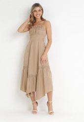 Beżowa Maxi Rozkloszowana Sukienka ze Zdobieniami z Koronki i Troczkiem Elenime. Brązowe sukienki damskie Born2be, z aplikacjami, z koronki, bez ramiączek. Za 129.99 zł.