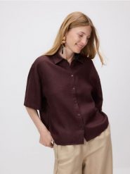 Lniana koszula z krótkimi rękawami - ciemnobrązowy. Brązowe koszule damskie Reserved, l, bez wzorów, bez kołnierzyka, bez ramiączek. Za 139.99 zł.