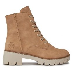 Trzewiki Rieker. Brązowe botki damskie Rieker, bez obcasa, na słupku, bez zapięcia. Za 279.99 zł.