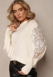 Jasnobeżowy Dzianinowy Sweter z Ozdobną Wstawką z Siateczki i Koralikami Isadorra. Brązowe swetry klasyczne damskie Renee, z dzianiny, bez kołnierzyka. Za 169.99 zł.