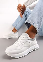Białe Sneakersy z Brokatem na Grubej Podeszwie Wizune. Białe obuwie sportowe damskie Renee, na wiosnę, z jeansu, bez zapięcia. Za 89.99 zł.