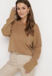 Beżowy Luźny Sweter z Miękkiej Dzianiny Nuchima. Brązowe swetry klasyczne damskie Born2be, z dzianiny, bez kołnierzyka. Za 74.99 zł.