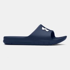Klapki basenowe dla dorosłych Under Armour CORE PTH SL. Niebieskie klapki damskie Under Armour, bez wzorów, ze skóry, bez obcasa, bez zapięcia. Za 97.00 zł.