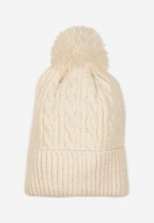 Jasnobeżowa Czapka w Ozdobny Warkoczowy Splot z Pomponem Emmilae. Brązowe czapki damskie Renee, bez wzorów, z dzianiny. Za 29.99 zł.