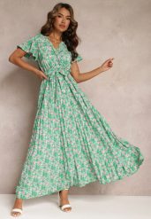 Zielona Plisowana Sukienka Maxi w Kwiatki z Gumką w Talii Ikama. Zielone sukienki damskie Renee, bez wzorów, z materiału, bez ramiączek. W wyprzedaży za 67.99 zł.