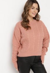 Jasnoróżowy Sweter Krótki z Wycięciem na Plecach Torine. Czerwone swetry klasyczne damskie Born2be, m, z jeansu, bez kołnierzyka. Za 109.99 zł.