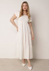 Jasnobeżowa Wiskozowa Sukienka z Bufiastymi Rękawami i Marszczoną Górą Liones. Brązowe sukienki damskie Born2be, bez wzorów, z jeansu, wakacyjne, bez ramiączek. Za 89.99 zł.