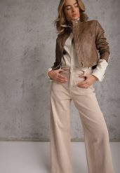 Beżowe Jeansy High Waist Wide Leg z Bawełny z Naszytymi Kieszonkami Yrelelin. Brązowe jeansy damskie Renee, z podwyższonym stanem. Za 129.99 zł.